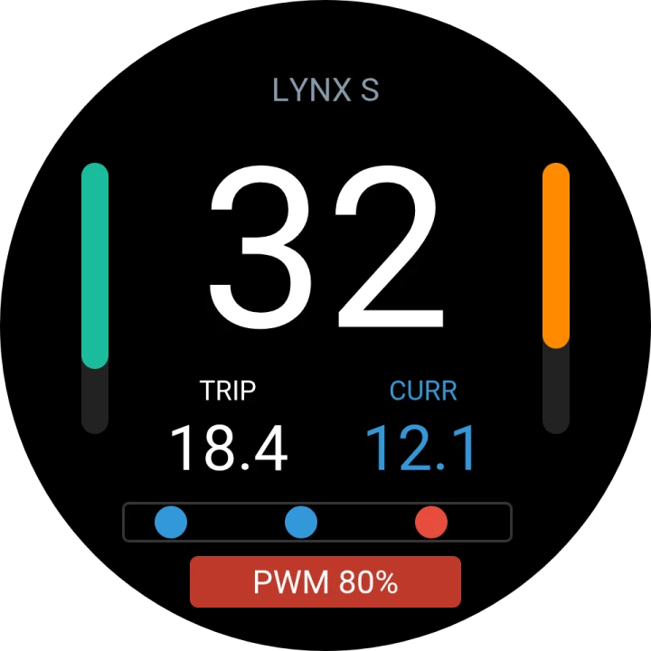 Round layout: free-text label, speed, battery and temperature bars, trip, current, Varia radar bar and alarm message