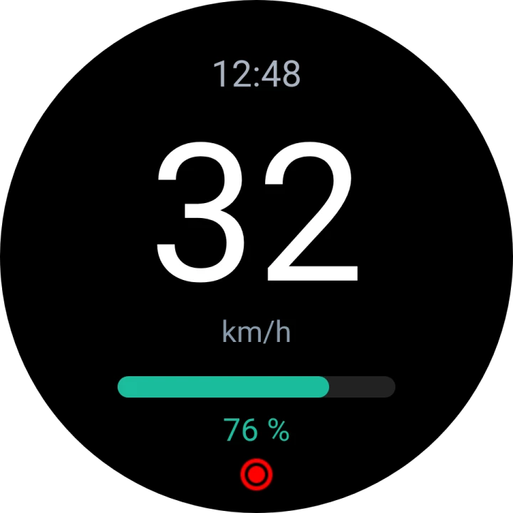 Round layout: large speed, battery bar and recording indicator