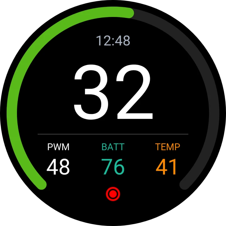 Round layout: speed arc gauge around the screen with PWM, battery and temperature