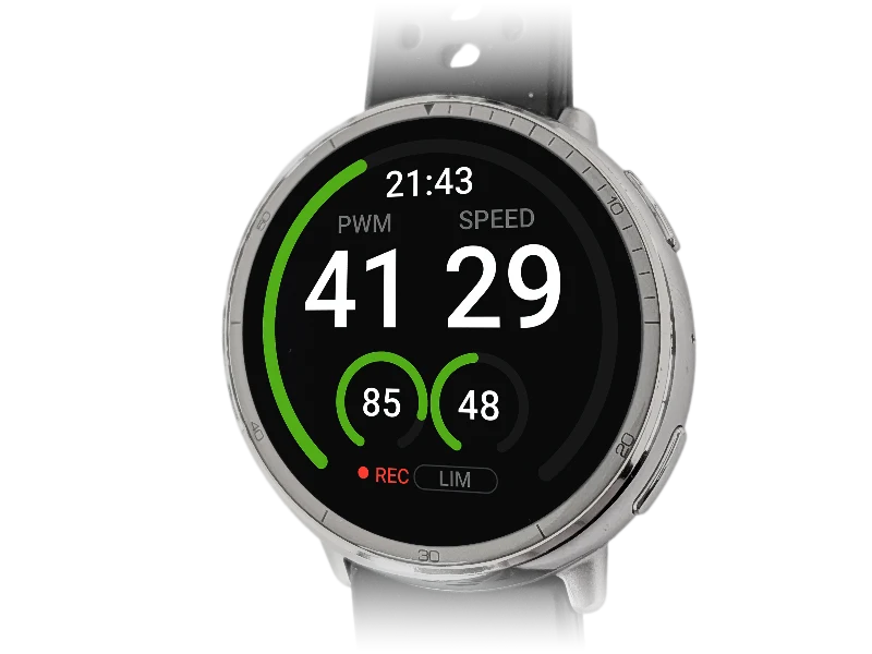 Amazfit Active 2 showing the WheelDash Large dashboard: PWM, speed, battery and temperature