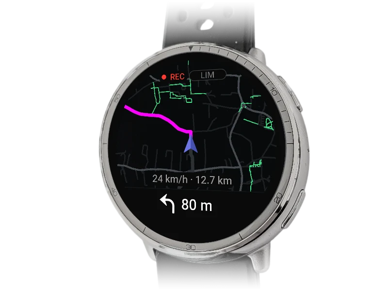 Amazfit Active 2 showing WheelDash navigation: route on the map and a left turn in 80 m