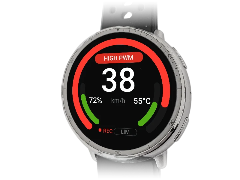 Amazfit Active 2 showing a WheelDash PWM alarm: red banner and red PWM arc