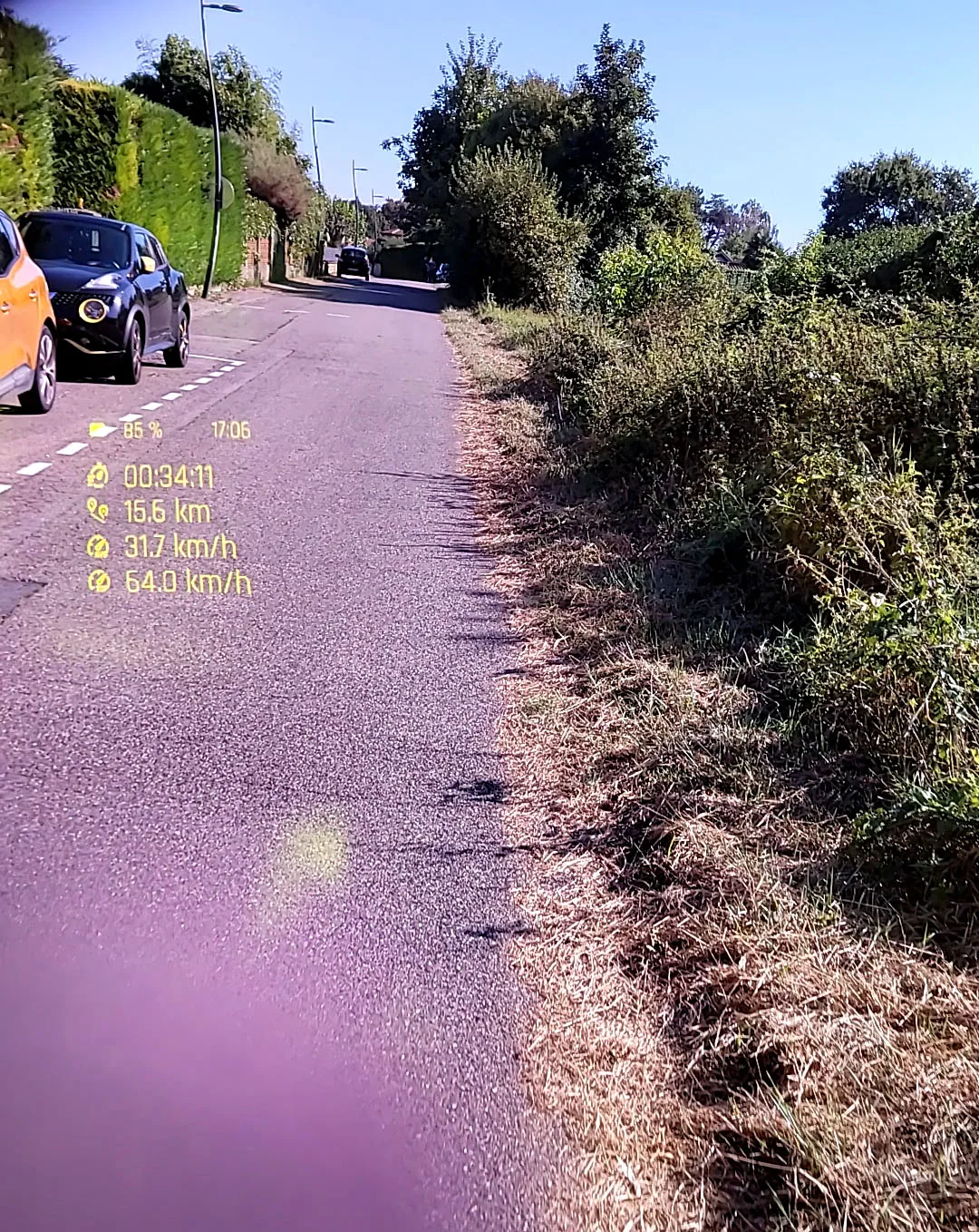 WheelDash second ENGO view: glasses battery and time, ride duration, distance, average speed and top speed