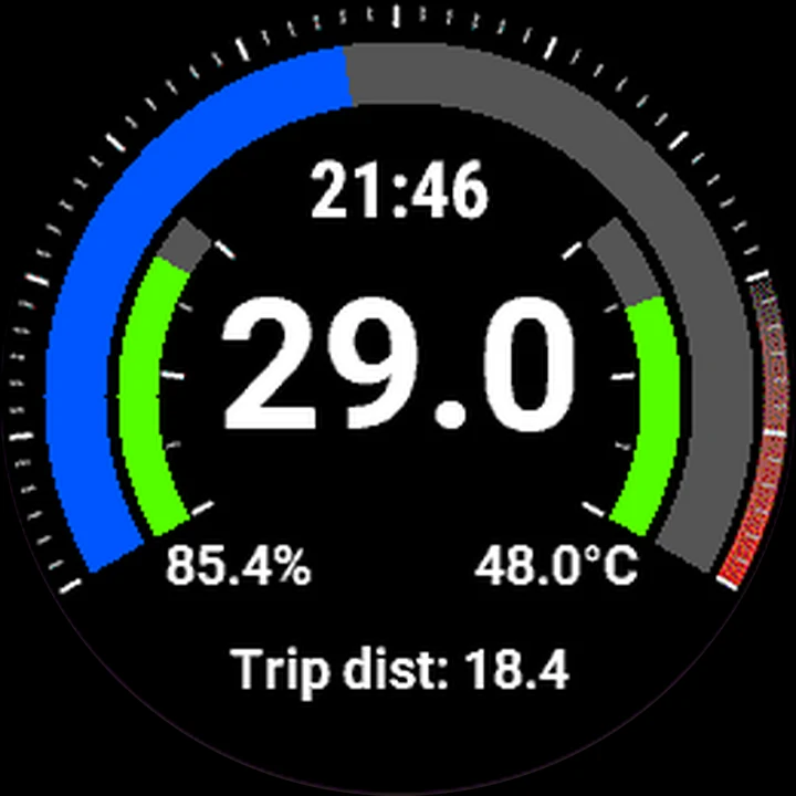 Garmin App main screen: speed in the centre, PWM on the top arc, battery and temperature on the side arcs, trip distance below