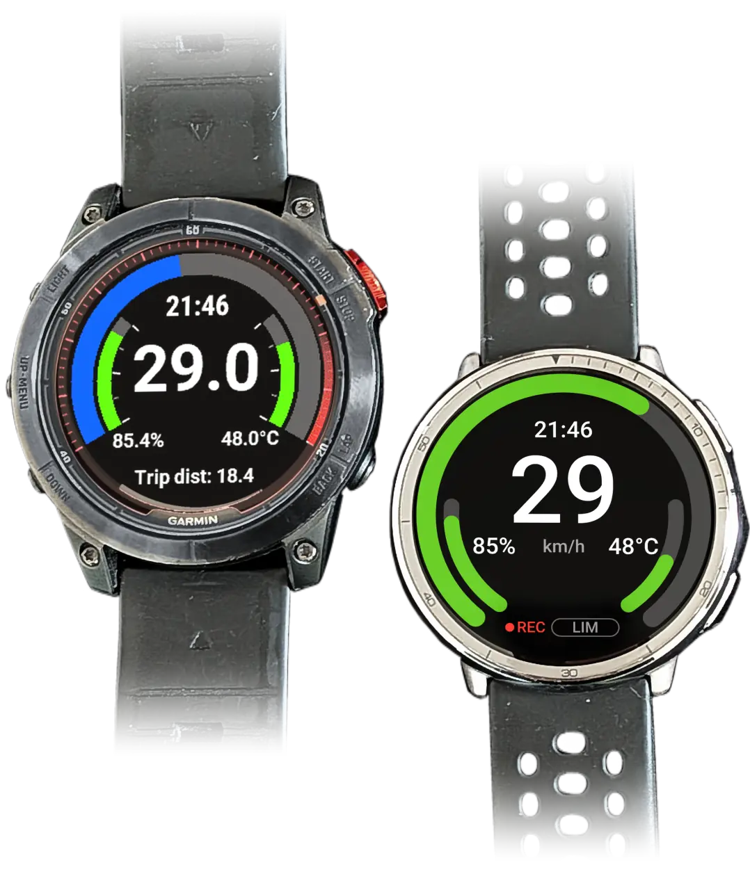 The WheelDash EUC app on a Garmin fēnix 7 Pro and an Amazfit Active 2: speed, battery and temperature